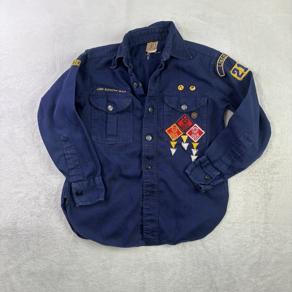 VTG Boy Scouts of America Uniform Blue Long Sleeve Button Up Shirt Kids Boys